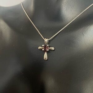 Sterling silver ruby red stone cross necklace